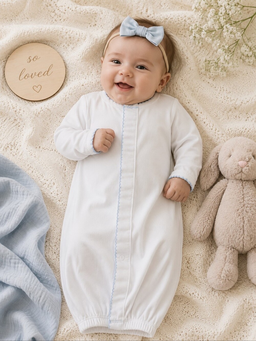 Magnolia Baby White Pima Cotton Converter Gown | 3M | Blue Picot Trim |Sleepwear